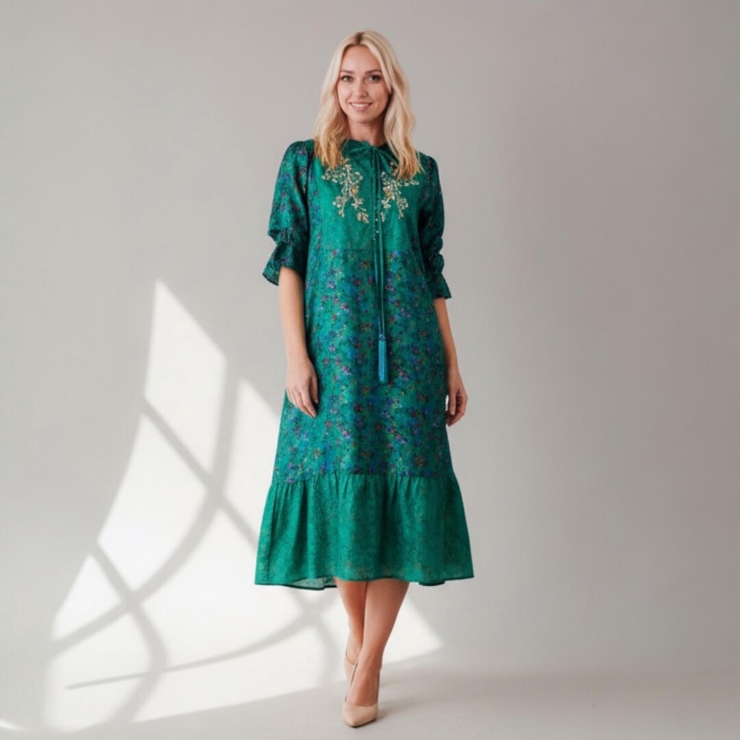 Green Silk Sari Dress: Embroidered Recycled Silk, Boho Style