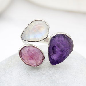 Handmade Sterling Silver Gemstone Ring: Ruby, Moonstone, and Amethyst