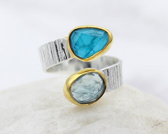 Aquamarine and Apatite Gemstone Ring, Aquamarine ring, Aquamarine jewelry, Aquamarine jewellery, cocktail ring,  Sterling Silver ring