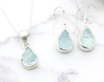 Aquamarine Jewelry Set: Sterling Silver Pendant Necklace & Earrings, March Birthstone