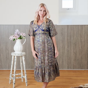 Embroidered Blue Silk Sari Dress: Vintage Recycled Silk, Boho Style