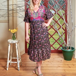 Embroidered Black Silk Sari Dress: Vintage Recycled Silk, Boho Midi