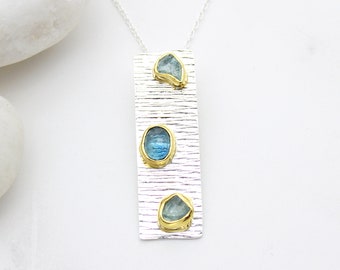 Aquamarine Gemstone Pendant, Aquamarine Silver Pendant, Textured Silver Pendant, Aquamarine Necklace, Kyanite Necklace, Moss Kyanite