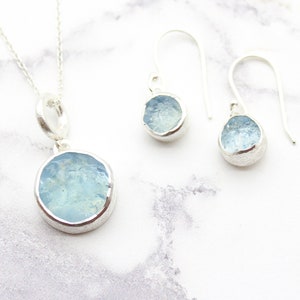 Aquamarine Round Gemstone Pendant and Earring Jewellery Set, Aquamarine Pendant, Aquamarine Earrings, March Birthstone, Aquamarine Jewellery