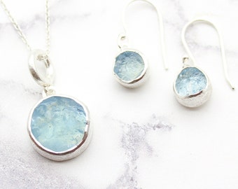 Aquamarin Sterling Silber Schmuck Set: März Geburtsstein Anhänger Ohrringe