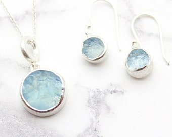 Aquamarine Round Gemstone Pendant and Earring Jewellery Set, Aquamarine Pendant, Aquamarine Earrings, March Birthstone, Aquamarine Jewellery