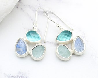 Aquamarine, Apatite and Rainbow Moonstone Gemstone Sterling Silver Ladies Earrings