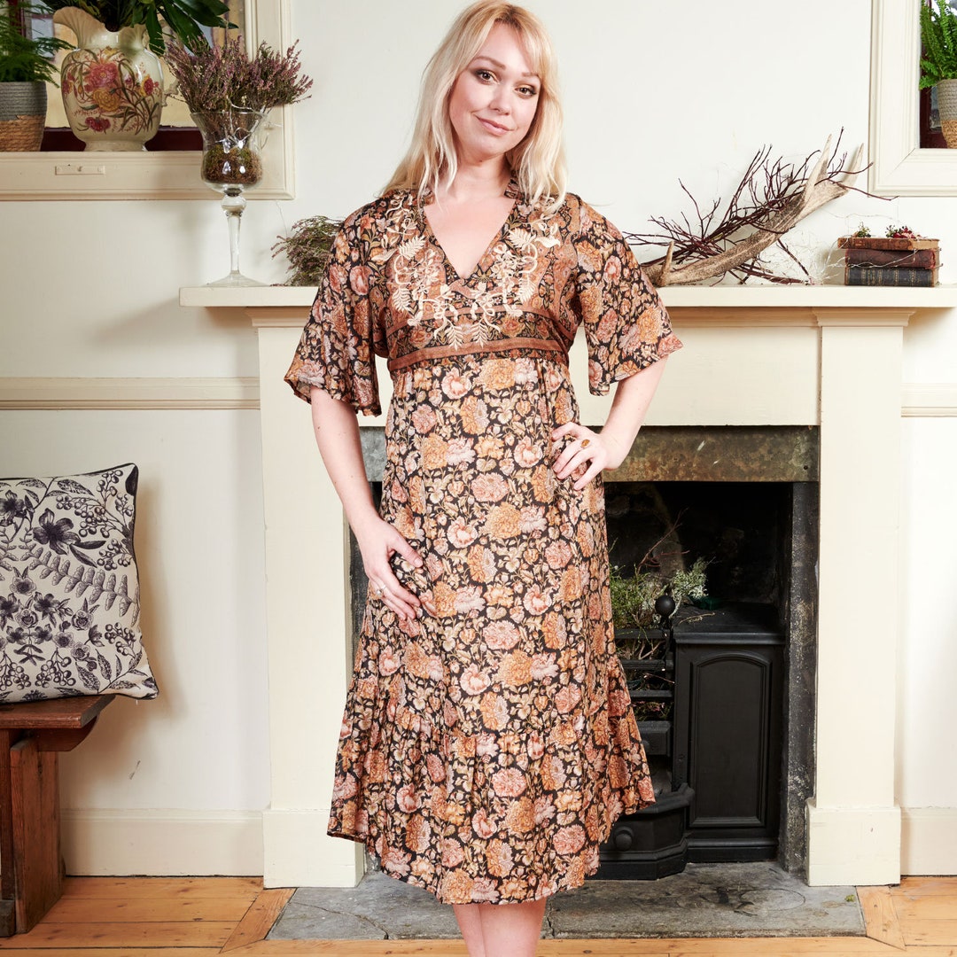 Embroidered Black Silk Sari Dress: Vintage Recycled Silk, Size 16