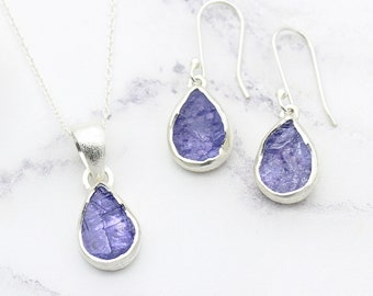 Tanzanite Jewelry Set: Sterling Silver Pendant and Earrings, December Birthstone