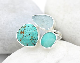 Aquamarine, Amazonite & Turquoise Gemstone Silver Ring