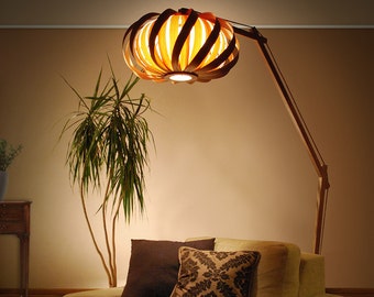 Vloerlamp, booglamp, designlamp, fineerlamp, moderne lamp, mahonie, as, multiplexlamp, houten lamp