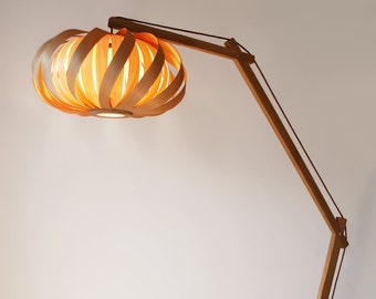 Floor lamp from oak wood. Modern arch lamp, design lamp, veneer lamp, wood lamp.