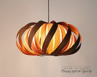 Modern Wood Veneer Ceiling Light: Twisted Sapele & Ash Lampshade