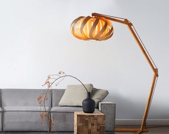 Floor lamp from wood. Oak and birch. Modern design lamp.