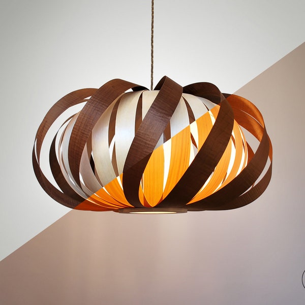 Pendant lamp / Ceiling light from wood. Smoked Curly Maple and Birch veneer.