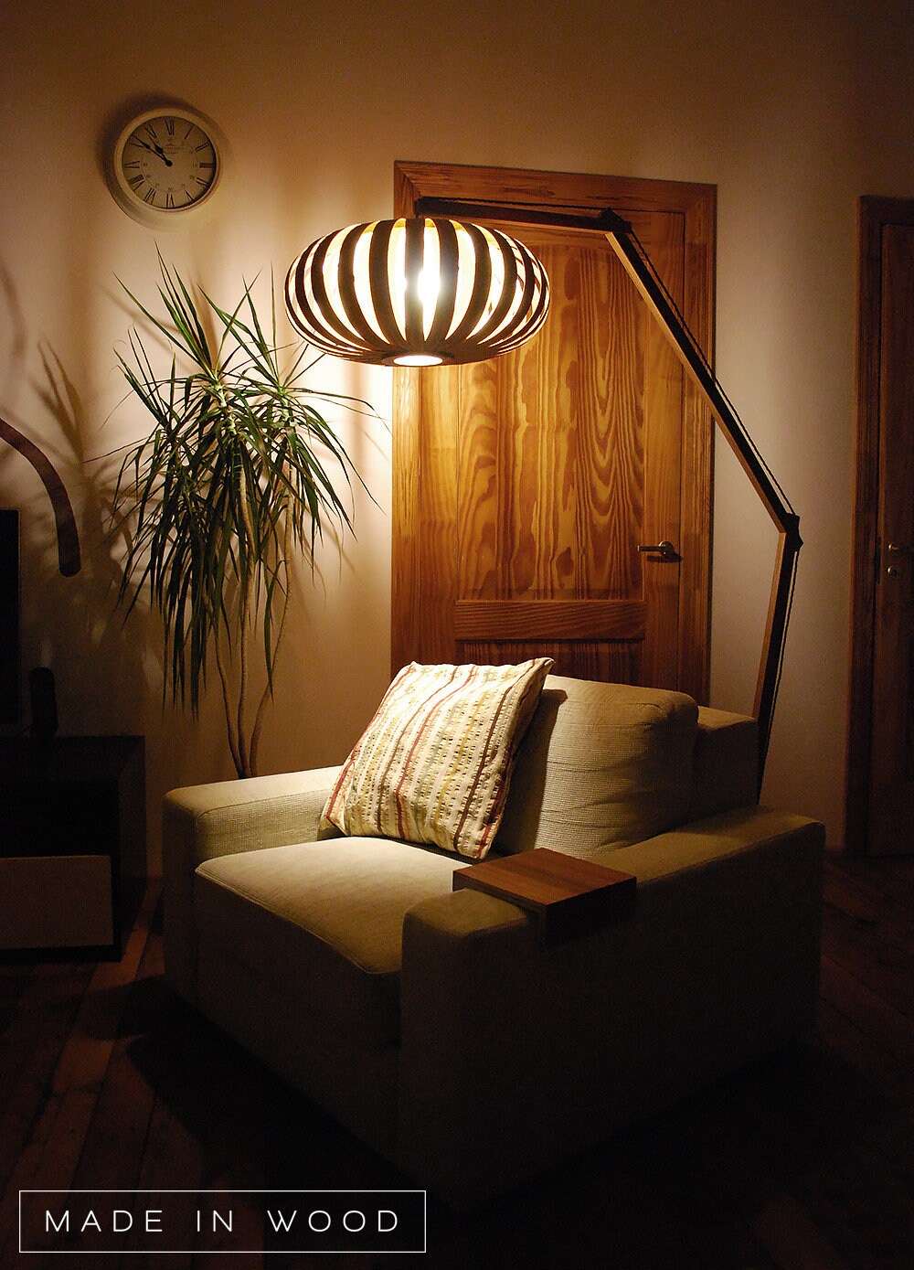 Lampadaire/Beau Fait Main, Lampe Arche, Design, Placage, Moderne, Contreplaqué, Bois Acajou