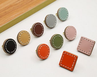 Multicolor Leather Round Single Hole Door Knobs Pulls Handle Square Drawer knobs pulls Dresser Knobs Wardrobe Pulls Cabinet Handles Hardware