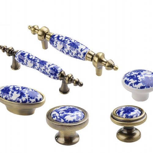 Dresser Drawer Pulls Knobs Handles Antique Brass Blue White Etsy