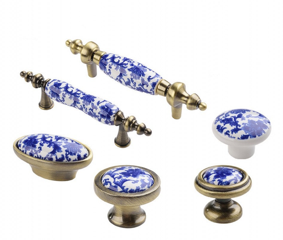 3" poignée de tiroir en céramique bleu et blanc porcelaine poignées porte boutons tire commode ronde bouton armoire garde-robe matériel 76mm"