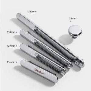 May include: A set of four polished chrome cabinet pulls and one round knob. The pulls are labeled with lengths of 220mm, 159mm, 127mm, and 95mm, while the knob is 33mm. The smallest pull features the text SSHardware printed on its surface.