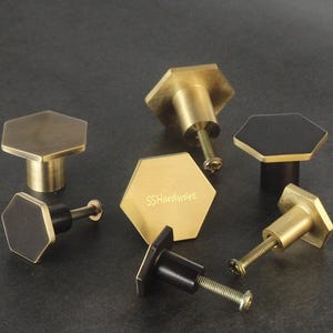 Brass Hexagon Door Knobs, Black Finish, Custom Engraving (22mm/30mm)