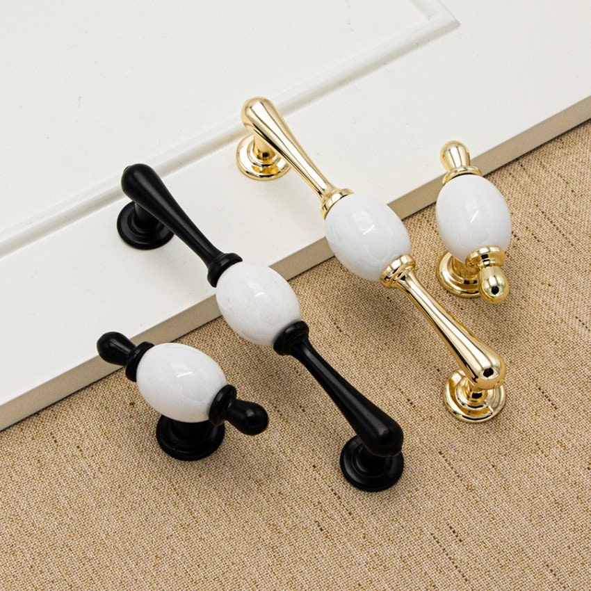 5 White Ceramics Handle Gold Drawer pulls T knob Etsy