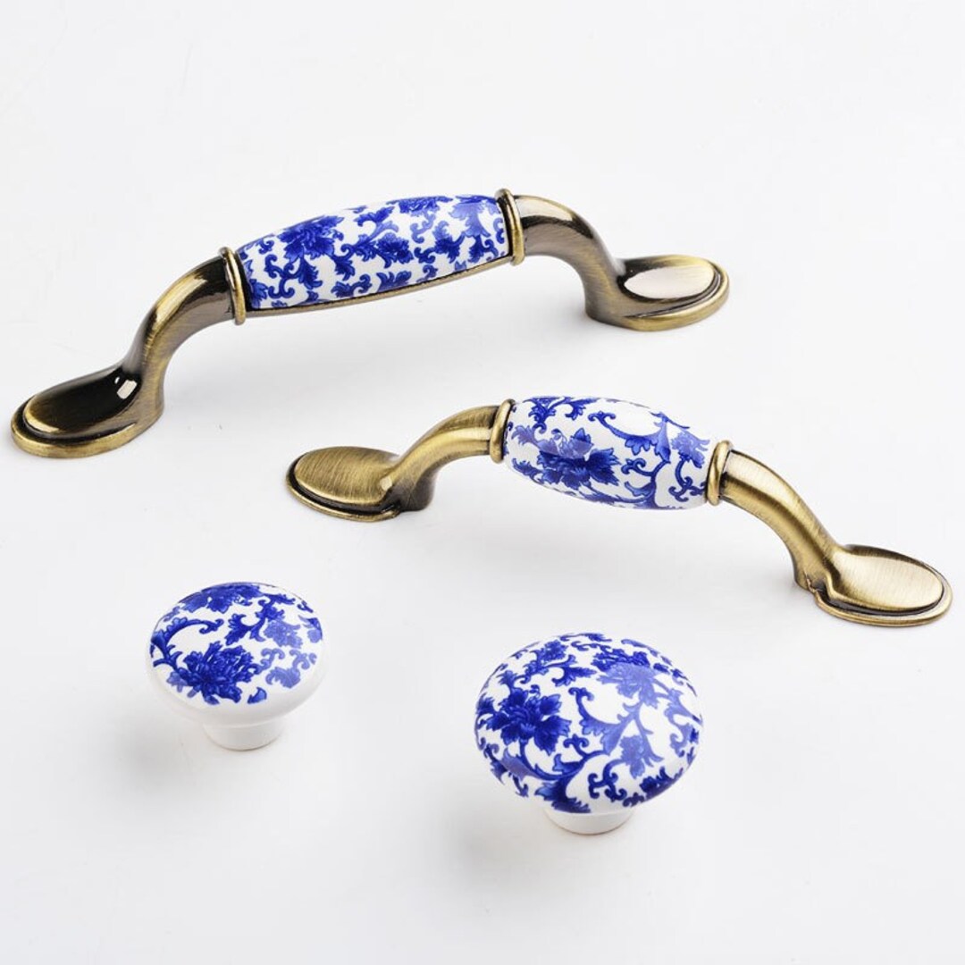 3.75 Ceramic Drawer Handle Blue and White Porcelain Door Handles Knobs
