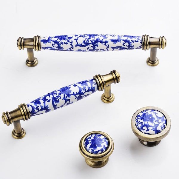 3.75 « 5 » Céramique Poignée de garde-robe en porcelaine bleue et blanche Tiroir Poignées de porte Boutons Tire Commode rond Knob Cabinet Tire Quincaillerie 96 128mm