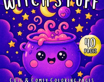 Cute Witch Stuff Coloring Book Cozy Kawaii Style, Witches and Little Friends | 40 Pages Instant Download PDF for Relaxing Fun Halloween