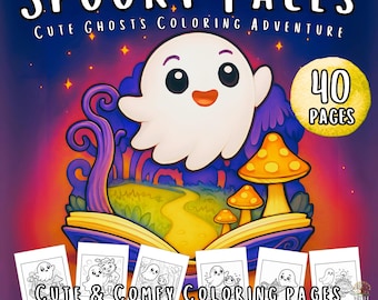 Cute & Spooky ghosts Coloring Book Cozy Kawaii Style in Funny Tales | Bundle 40 Pages Instant Download PDF for Relaxing Fun Halloween