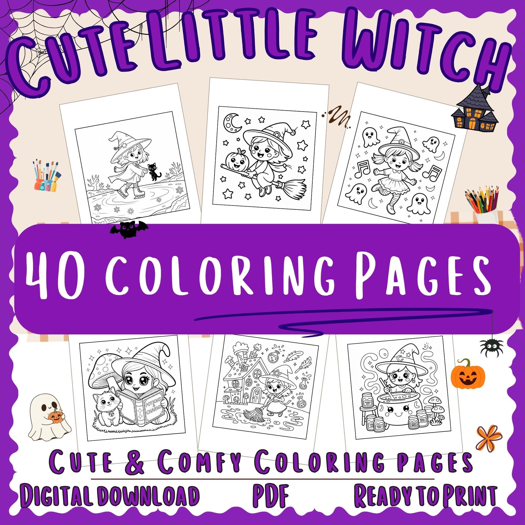 Cute Little Witch Coloring Pages for Kids and Stress Relief for Adults ...