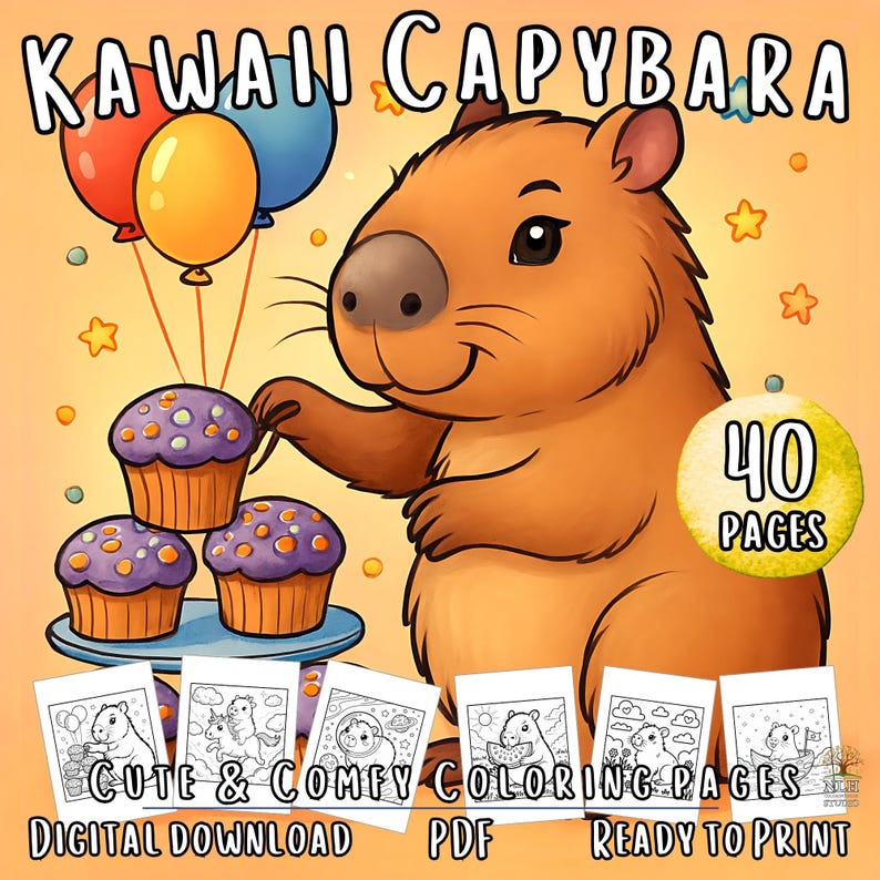 Cozy Cute Kawaii Capybara Coloring Pages for Kids, Capybara Lover ...