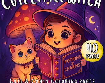 Cute Little Witch Coloring Pages for Kids and Stress Relief for Adults, Kawaii Little Sorcerer in Halloween Bundle Coloring Book