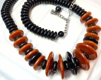 Vintage Chunky Black Brown Plastic Necklace Statement Jewellery Gift for Her