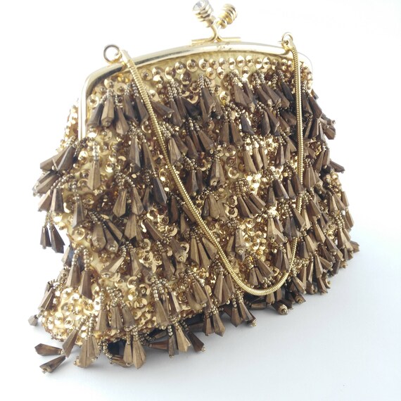 Vintage Bronze Beaded Evening Bag Gift For Women Swinging Image 0