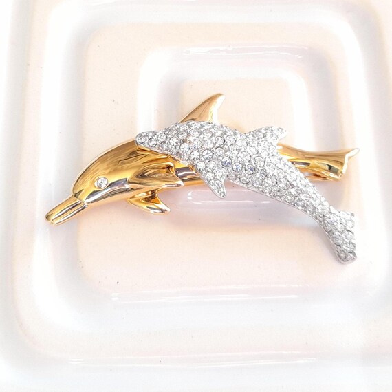 Vintage Swarovski Dolphin Brooch Gold Tone Sparkly Rhinestone Lapel Pin Crystal Jewellery Designer Present Special Gift for Her Nature Lover Etsy Canada
