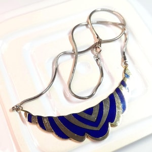 Vintage Bib Necklace Blue and Gold Tone Necklace 1980s Statement Jewellery