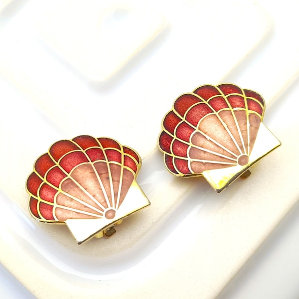 Vintage Red Enamel Shell Earrings Clip Ons Mothers Day Gift Beach Wedding Jewellery