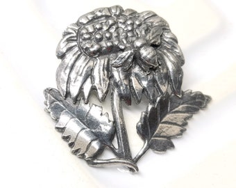 Small Flower Brooch Vintage Pewter Tone Sunflower Brooch  Gift for Women Mothers Day Present