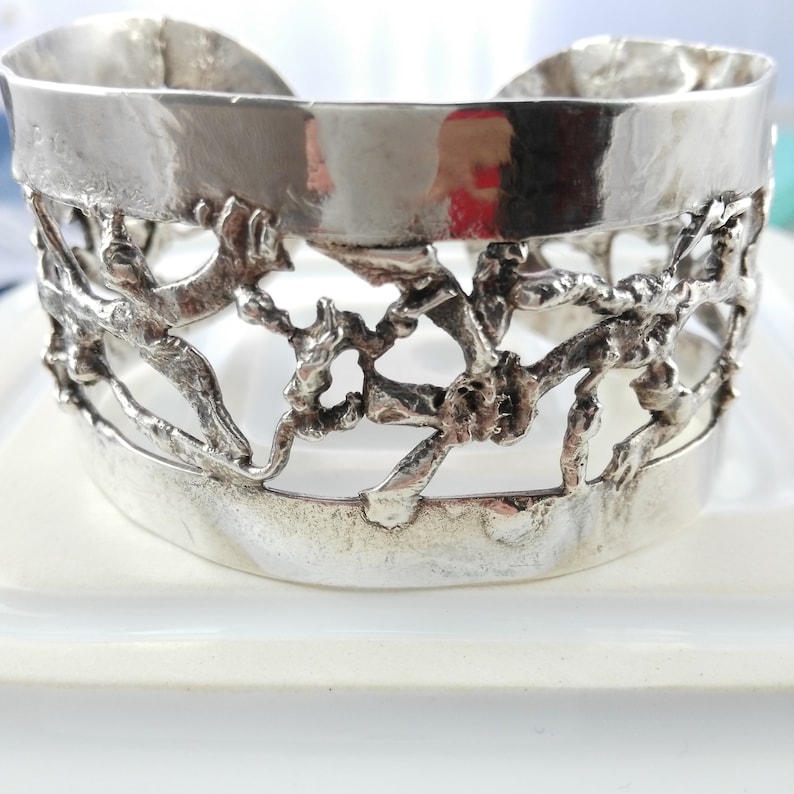 Stunning Anniversary Gift for Women Born in 1974 Brutalist Hallmarked Silver Cuff Bracelet Slow Fashion Vintage Chunky Silver Jewelry