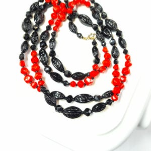 Vintage Red and Black Bead Necklace - Long Glass Bead Opera Necklace - Retro Gift for Her