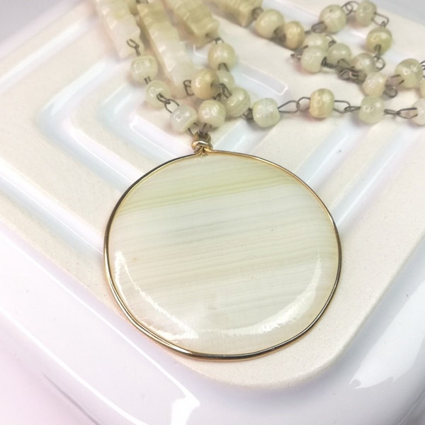 Large White Agate Pendant from Mexico 1970s Boho Necklace to Layer Hippie Jewellery Gift for Her