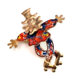 Spilla vintage da clown cinetico: gioielli da circo in smalto glitterato