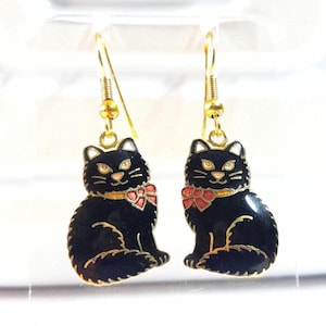 Vintage Cloisonne Black Cat Drop Earrings: Lucky Cat Jewelry