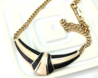 Vintage Art Deco Stil Bib Halskette, Creme & Schwarz Emaille, 1980er Jahre Modeschmuck