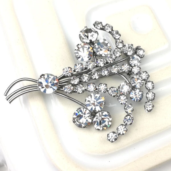 1950s Flower Spray Brooch Vintage Rhinestone Atomic Wire Brooch Elegant Diamanté Jewellery Something Old for Bride Wedding Jewellery