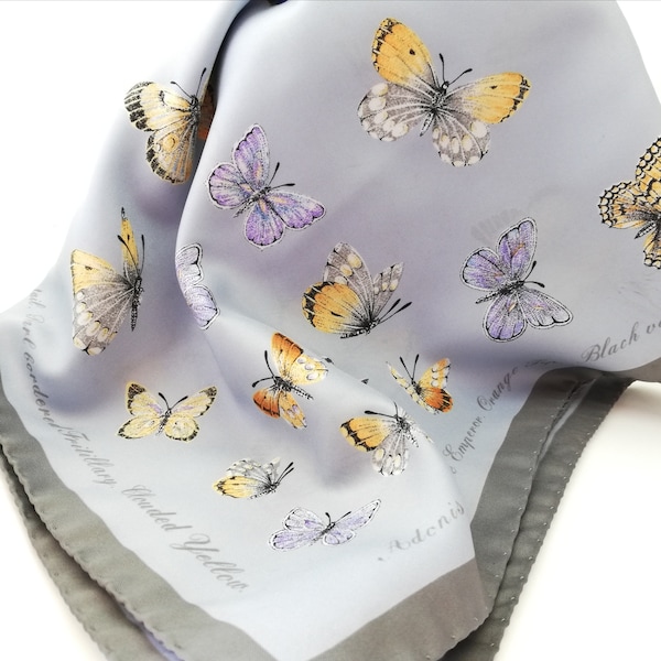 Vintage Butterfly Scarf Retro Fashion Butterfly Lover Gift Sustainable Presents for Lepidopterist Head Square Pale Blue Italian Scarf