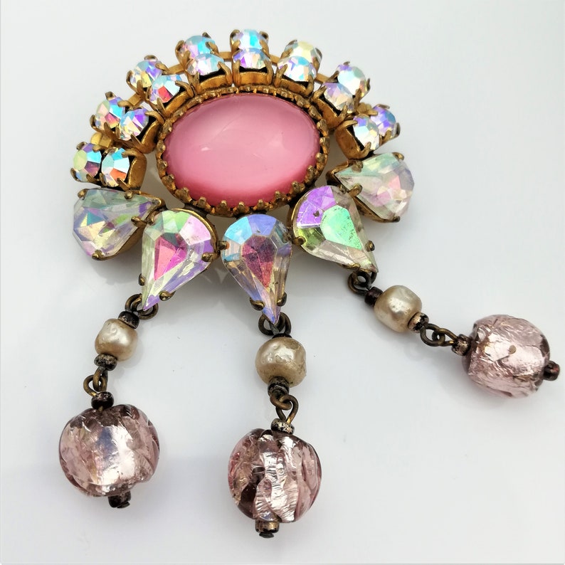 Pink Rhinestone Brooch with Drops Christmas Gift for Her Gift for Women Sustainable Fashion Vintage Trombone Clasp