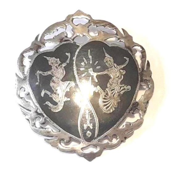 Vintage Siam Sterling Silver Niello Brooch: Thai Dancer Shield Pin