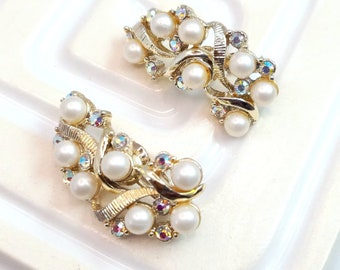 Vintage JEWELCRAFT Faux Pearl Earrings Large Mid Century AB Rhinestone Clip Ons Diamante Wedding Jewellery for Bride Sustainable Gifts Her